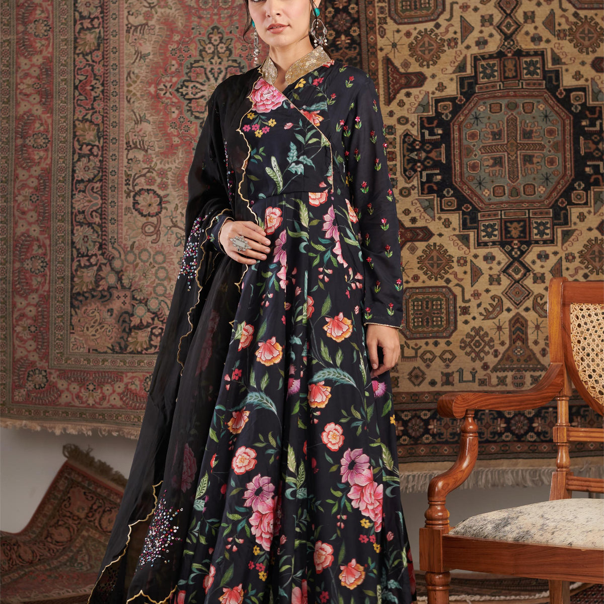 Black Regal Blossom Anarkali Kurta